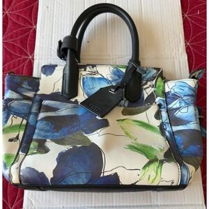 REED Floral Tote Bag Blue-Green-White Trim Top Handle